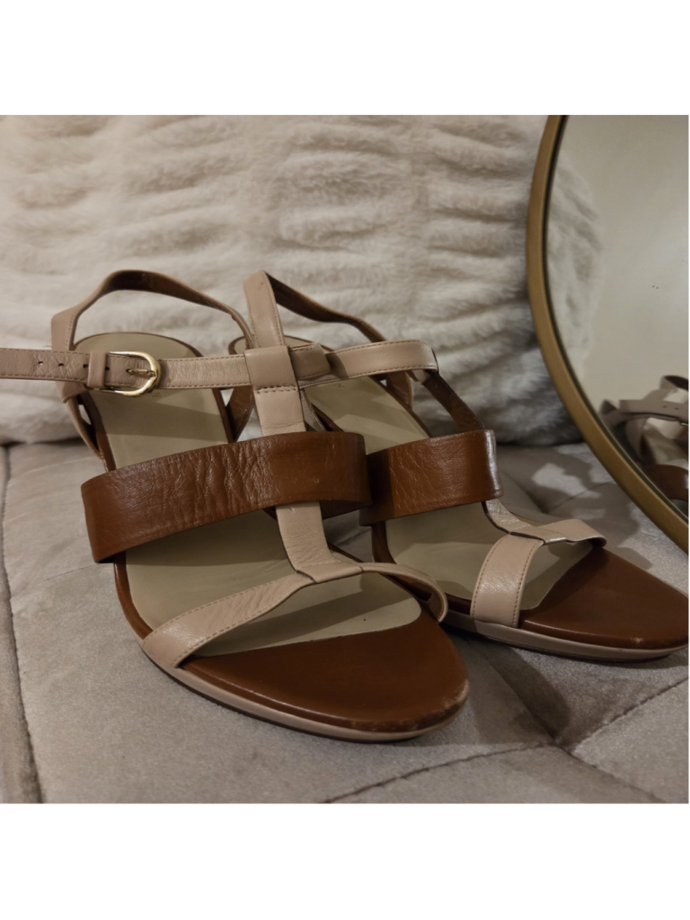 Women's Cole Haan Brown & Beige Leather Block Heel Sandals Size 10